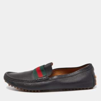 Pre Owned Gucci Black Leather Web Slip On Loafers Size 45