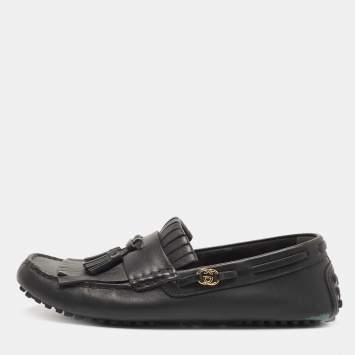 Pre Owned Gucci Black Leather Fringe Tassel Detail Slip On Loafers Size 42.5