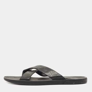 Pre Owned Gucci Black GG Supreme Canvas Cross Strap Slides Size 45