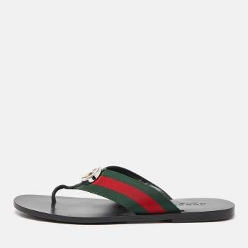 Pre Owned Gucci Black Leather GG Thong Slipper Sandals Size 43