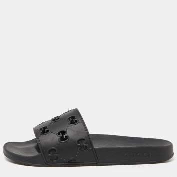 Pre Owned Gucci Black GG Laser Cut Rubber Slides Size 43