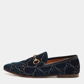 Pre Owned Gucci Dark Green GG Velvet Horsebit Slip On Loafers Size 41.5