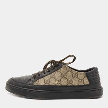 Pre Owned Gucci Beige/Black GG Supreme Canvas And Leather Sneakers Size 40