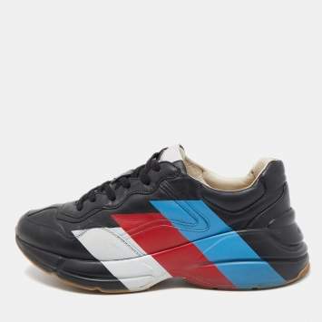 Pre Owned Gucci Black Leather Rhyton Web Print Sneakers Size 42.5 