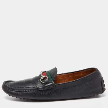 Pre Owned Gucci Black Leather Web Horsebit Loafers Size 44