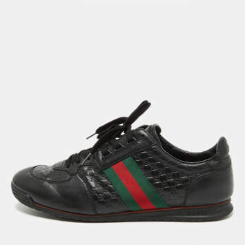 Pre Owned Gucci Black Leather Web Lace Up Sneakers Size 45.5