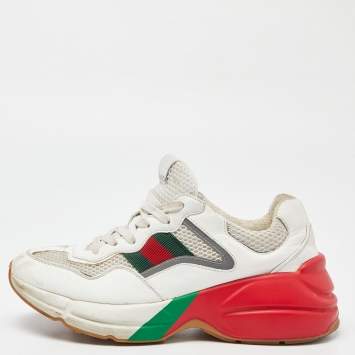 Pre Owned Gucci White/Red Leather and Mesh Rhyton Web Sneakers Size 38