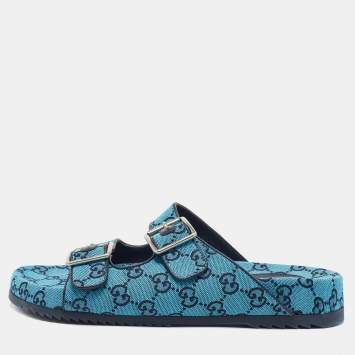 Pre Owned Gucci  Blue GG Supreme Canvas Flat Slides Size 44