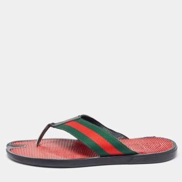 Pre Owned Gucci Red/Green Canvas Web Thong Slides Size 42