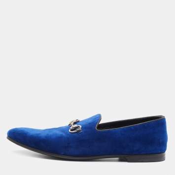 Pre Owned Gucci Blue Velvet Horsebit Slip On Loafers Size 42