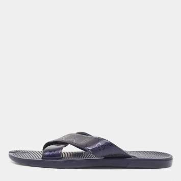 Pre Owned Gucci Blue GG Supreme Canvas Cross Strap Slides Size 44