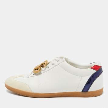 Pre Owned Gucci White Leather and Suede GG Lace Up Sneakers Size 41.5  