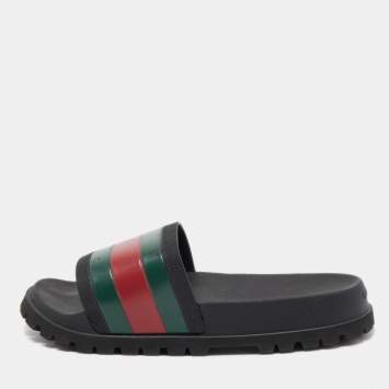 Gucci Black Rubber Web Detail Slide Sandals Size 40