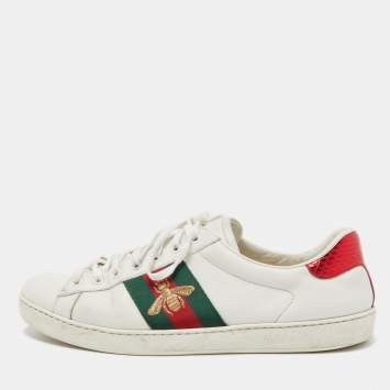 Pre Owned Gucci White Leather Embroidered Bee Ace Sneakers Size 43