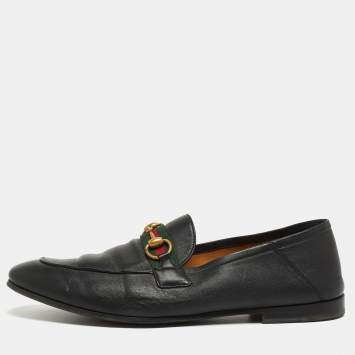 Pre Owned Gucci Black Leather Web Horsebit Slip On Loafers Size 44