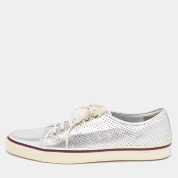 Pre Owned Gucci Silver Perforated Leather Low Top Sneakers Size 44.5 
