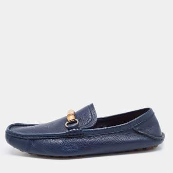 Pre Owned Gucci Navy Blue Leather Bamboo Horsebit Loafers Size 45.5