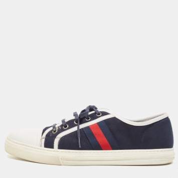 Pre Owned Gucci Navy Blue Canvas And  Leather Web Detail Lace Up Sneakers Size 44.5