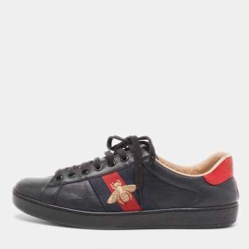 Pre Owned Gucci Black Leather Embroidered Bee Ace Sneakers Size 41.5