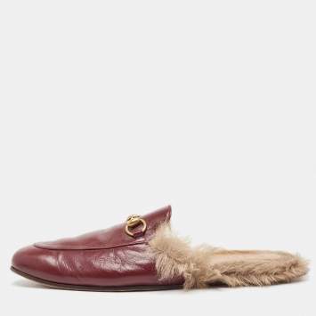 Pre Owned Gucci Princetown Burgundy Leather and  Fur Mules Size 45