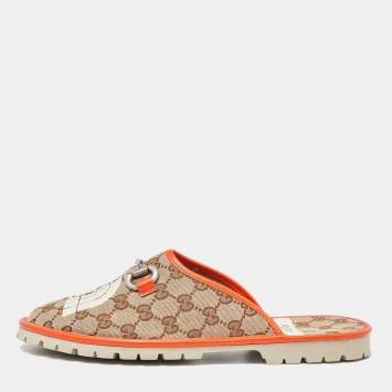 Pre Owned Gucci x The North Face Beige/Orange GG Canvas and Leather Slide Flats Size 43