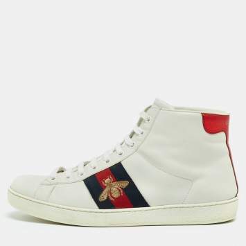 Pre Owned Gucci White/Blue Leather Embroidered Bee Web Ace High-Top Sneakers Size 41.5