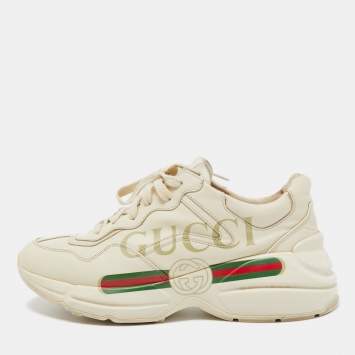 Pre Owned Gucci Cream Leather Rhyton Low Top Sneakers Size 40.5