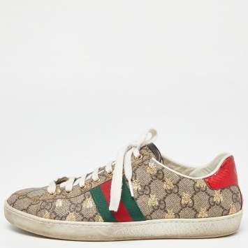 مملوكة مسبقًا Gucci Beige GG Supreme Canvas Bee Print  Ace Low Top Sneakers Size 39