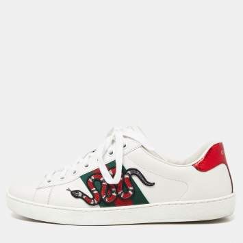 مملوكة مسبقًا Gucci White Leather Embroidered Snake Ace Sneakers Size 41
