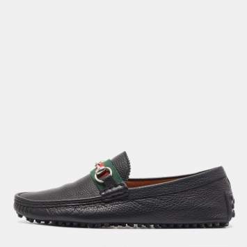 Pre Owned Gucci Black Leather Web Horsebit Loafers Size 41.5