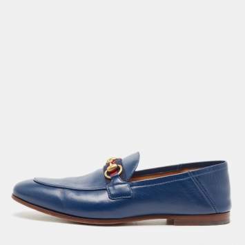 Pre Owned Gucci Blue Leather Web Horsebit Loafers Size 40