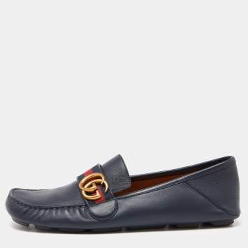 Pre Owned Gucci Blue Leather Web Horsebit Loafers Size 41