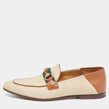 Pre Owned Gucci Beige/Brown Canvas and Leather Web Horsebit Loafers Size 41