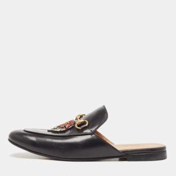 Pre Owned Gucci Black Leather Princetown Embellished Horsebit Flat Mules Size 41
