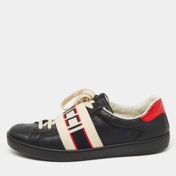 Pre Owned Gucci Black Leather And Stretch Band New Ace Logo Strap Low Top Sneakers Size 42.5