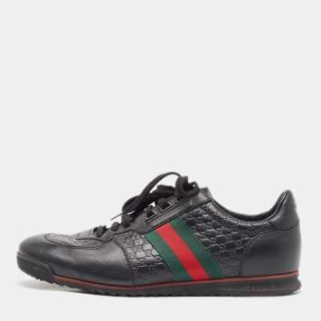 Pre Owned Gucci Black Leather Web Low Top Sneakers Size 44