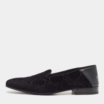 Pre Owned Gucci Black Guccissima Velvet And Leather Loafers Size 43