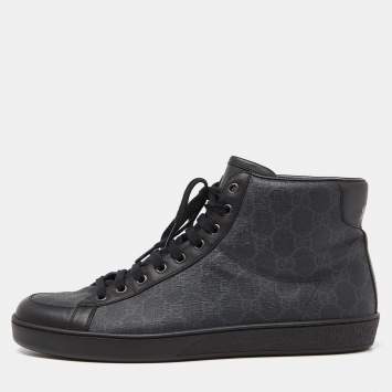 Pre Owned Gucci Black GG Supreme Canvas and Leather Brooklyn High Top Sneakers Size 43.5