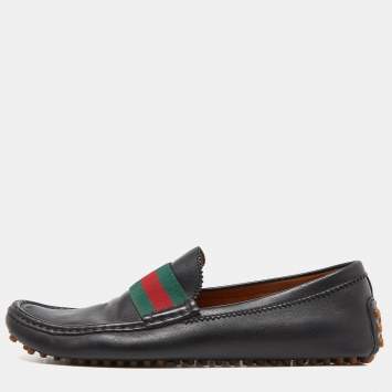 Pre Owned Gucci Black Leather Web Slip On Loafers Size 44