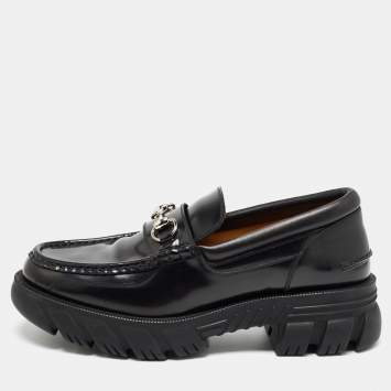 Pre Owned Gucci Black Leather Horsebit Slip On Loafers Size 44.5