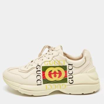Pre Owned Gucci Cream Leather Rhyton Logo Low Top Sneakers Size 40