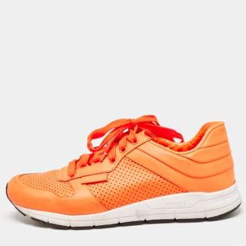 Pre Owned Gucci Neon Orange Perforated Leather Low Top Sneakers Size 40.5