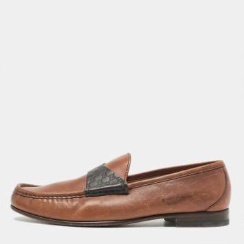 Pre Owned Gucci Brown Leather Slip On Loafers Size 42