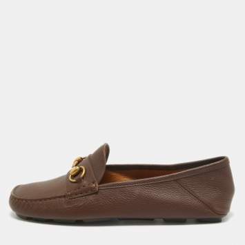 Pre Owned Gucci Brown Leather Horsebit Slip On Loafers Size 42