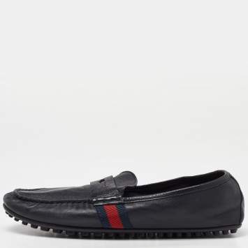Pre Owned Gucci Black Leather Web Penny Slip On Loafers Size 43
