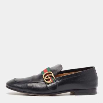 Pre Owned Gucci Black Leather GG Web Loafers Size 40.5