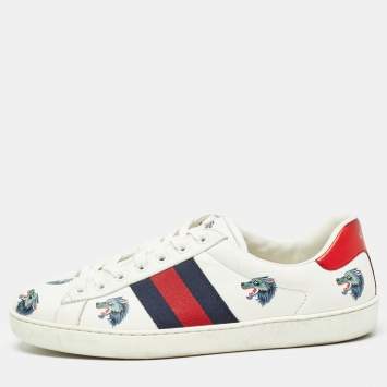 Pre Owned Gucci White Leather Wolf Print Ace Sneakers Size 41.5