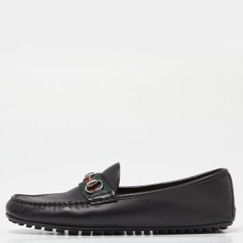 مملوكة مسبقًا Gucci Black Leather Web Horsebit Slip On Loafers Size 42