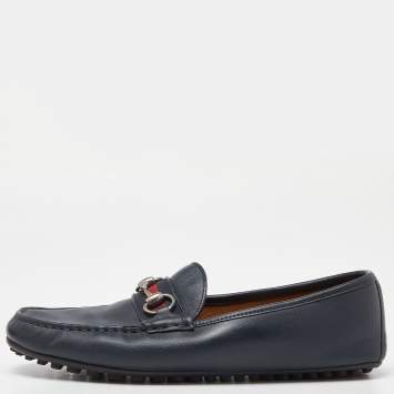 Pre Owned Gucci Blue Leather Web Horsebit Slip On Loafers Size 42