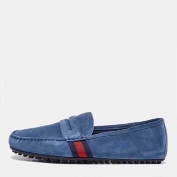Pre Owned Gucci Blue Suede Web Trim Penny Loafers Size 41.5